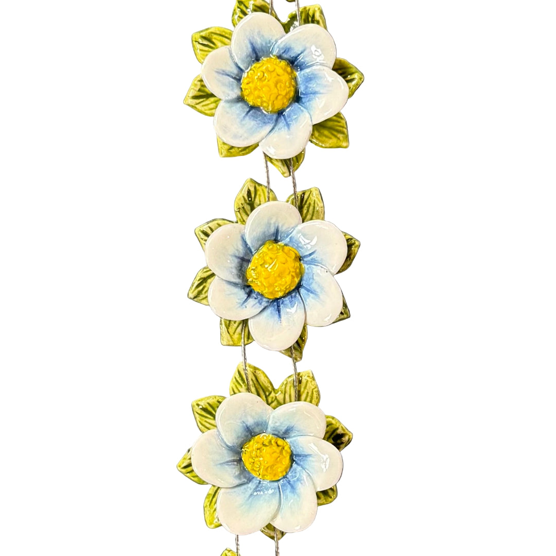 Decorative wall hanging of ceramic blue and white flowers with yellow centers on a white background
