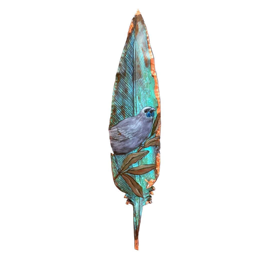Painted copper feather with a Kokako bird on a white background