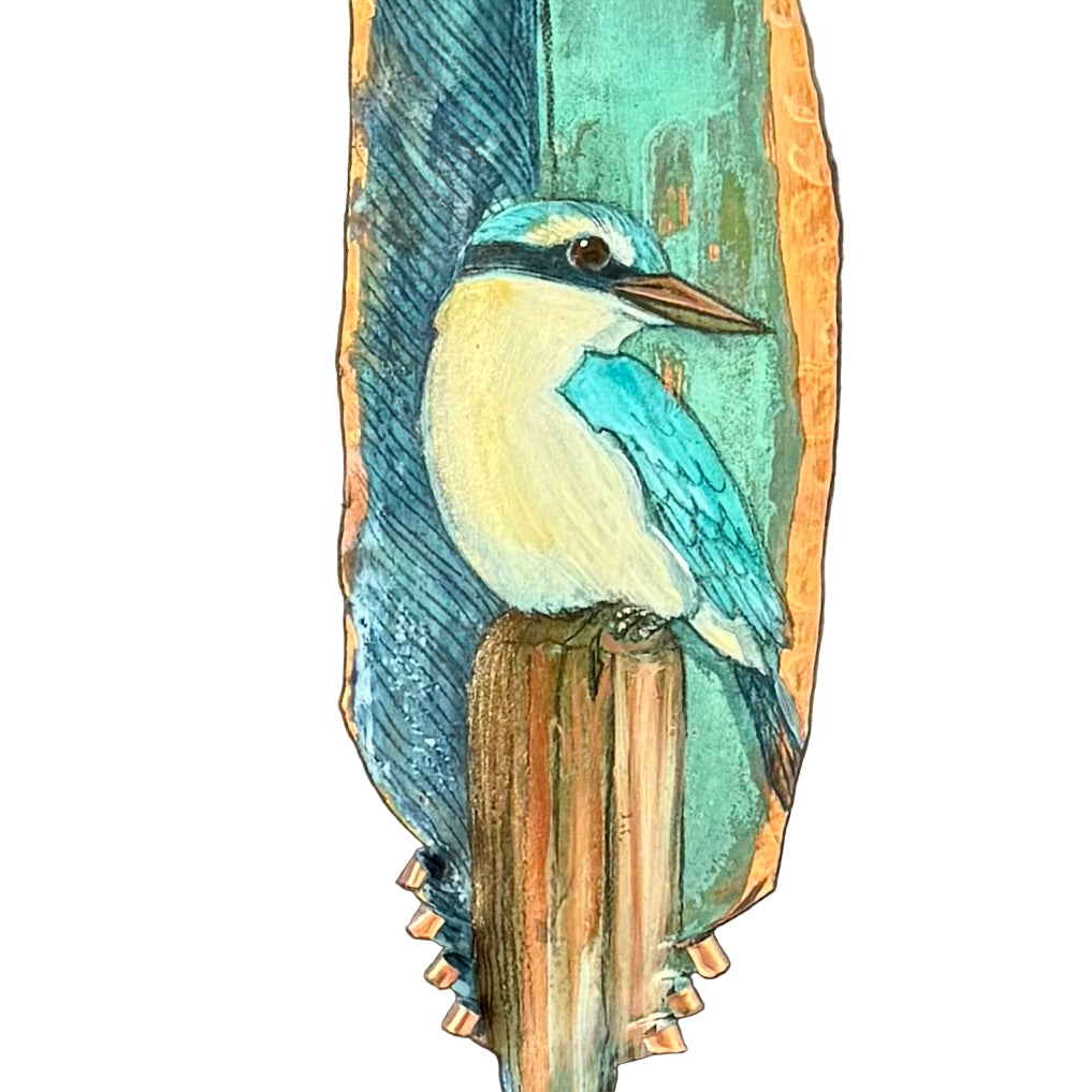 Decorative copper feather with a painted Kingfisher bird on a white background