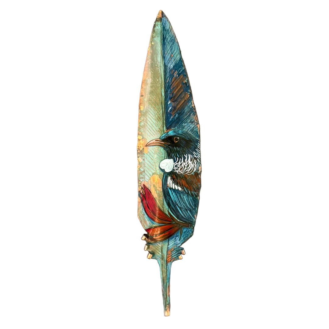 Colorful copper feather with painted native Tui bird on a white background