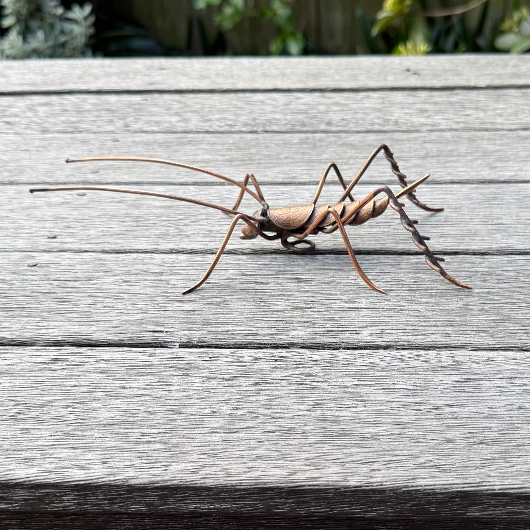 Side view of a copper Weta sculpture on a wooden surface with blurred greenery in the background
