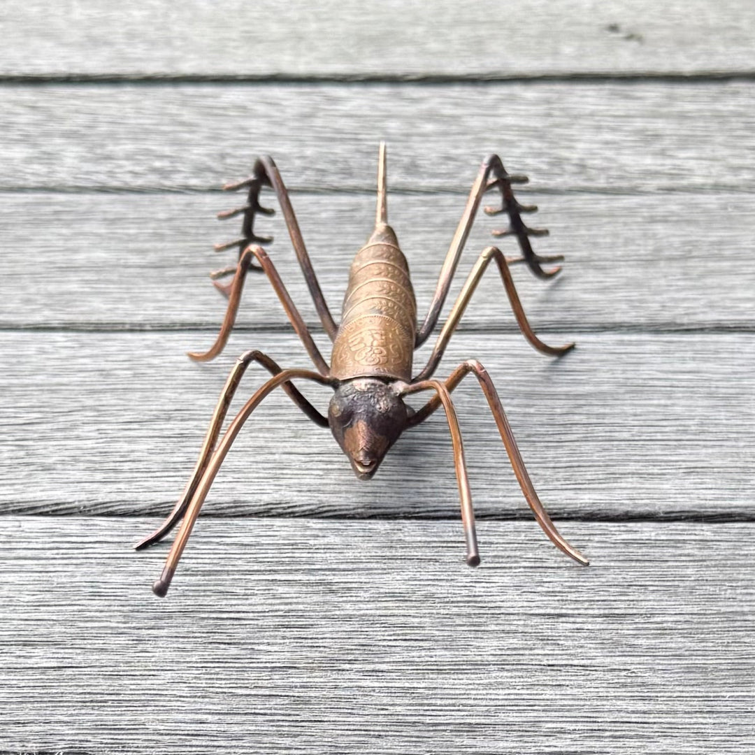 Copper Weta sculpture on a wooden surface