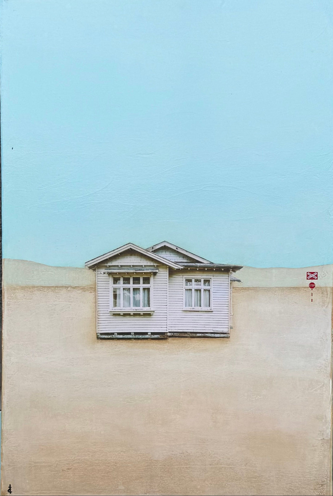 Painting of a bungalow with a blue sky background