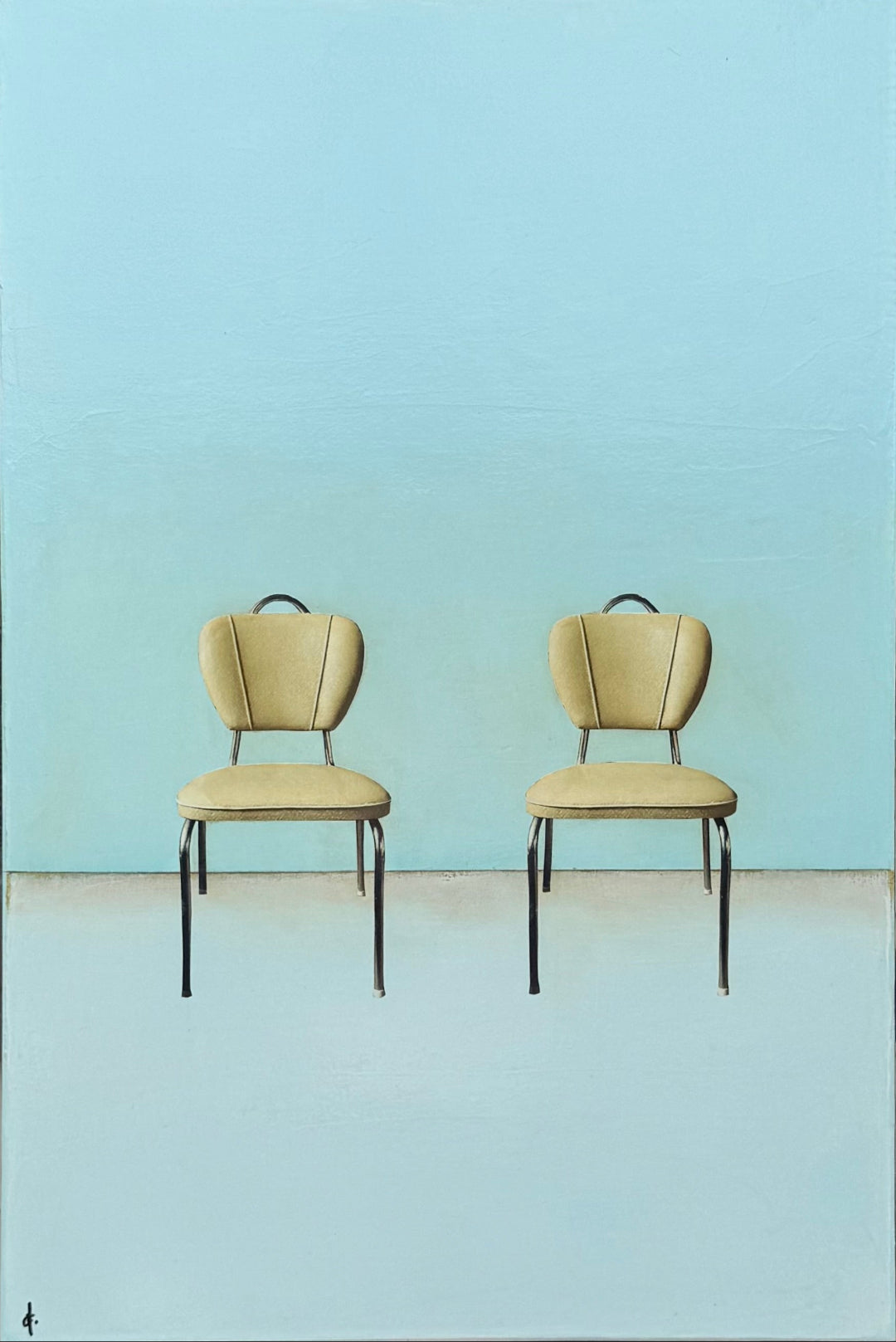 A painting of two beige chairs against a light blue wall.