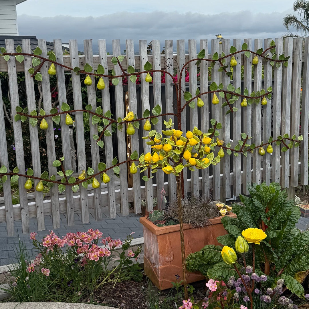 Ceramic lemon tree in garden scene with succulents, and flowers.
