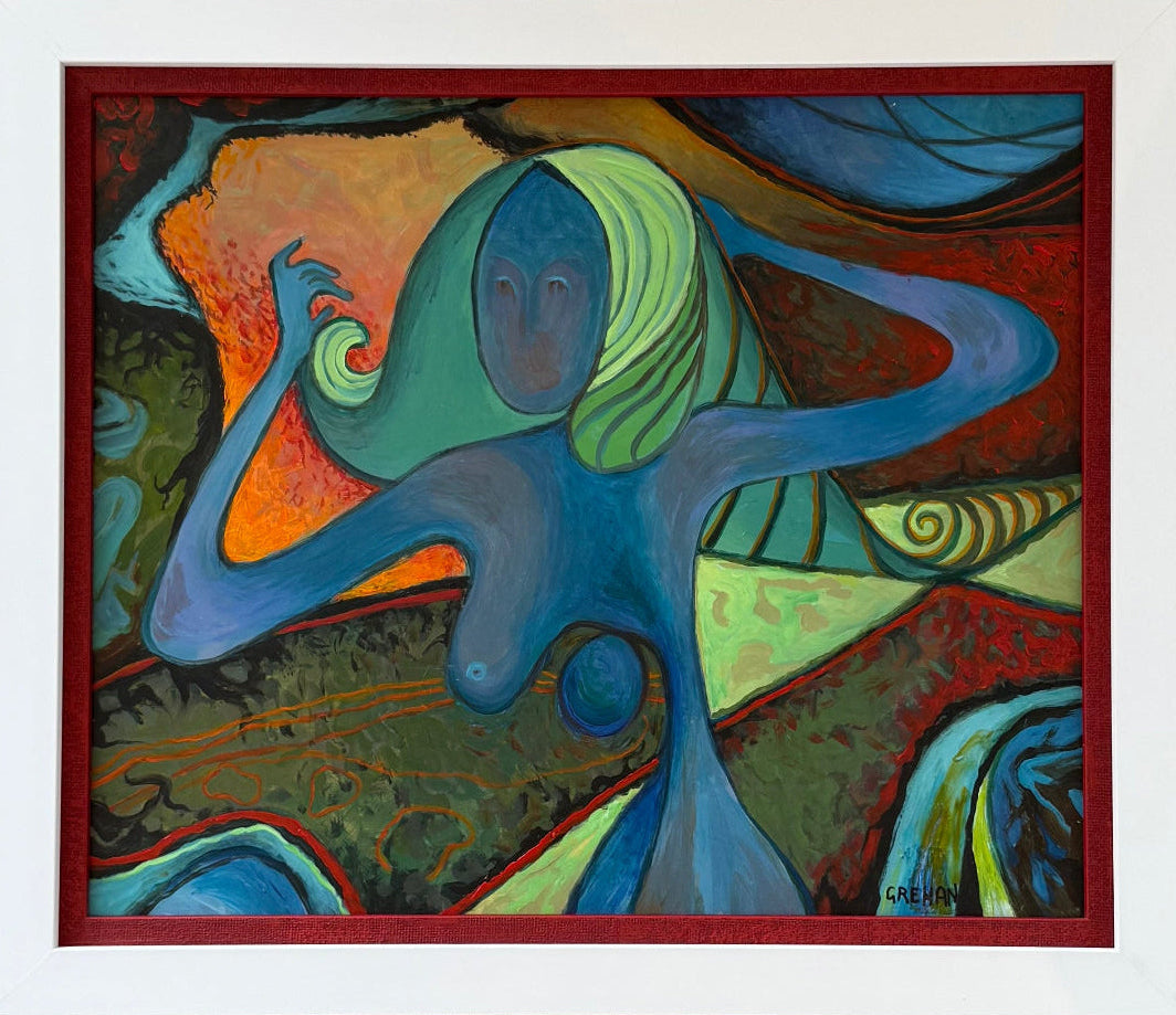 Abstract artwork with a figure in blue and green framed in red & white.