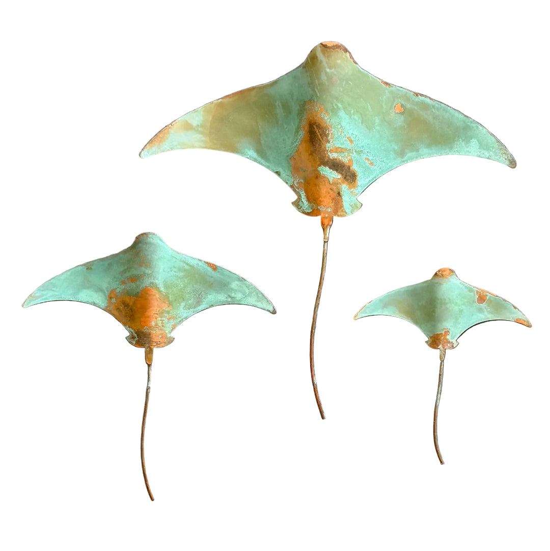 Three copper stingrays wall art with patina on a white background