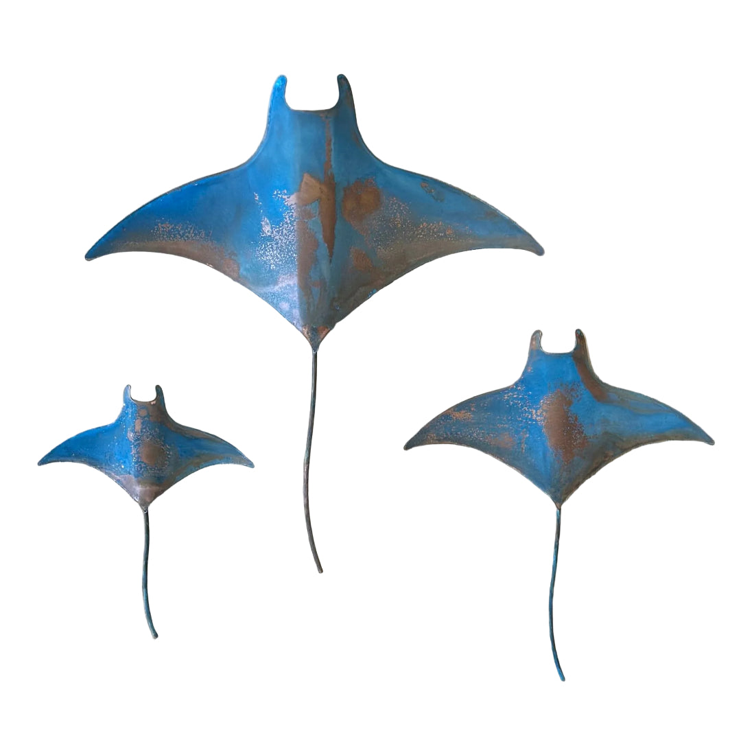 Three blue copper manta rays wall art  on a white background