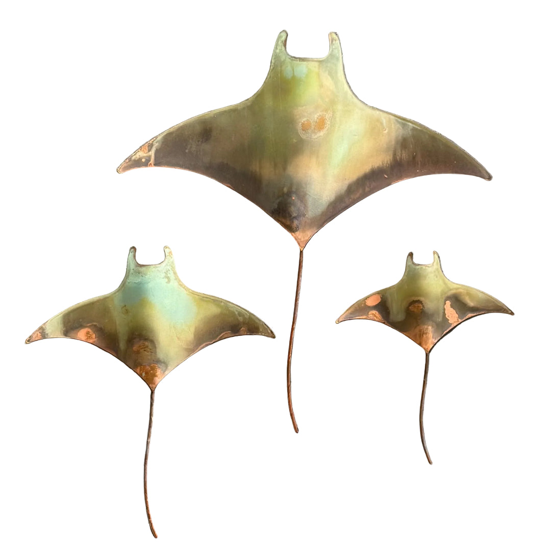 Three copper manta rays on a white background