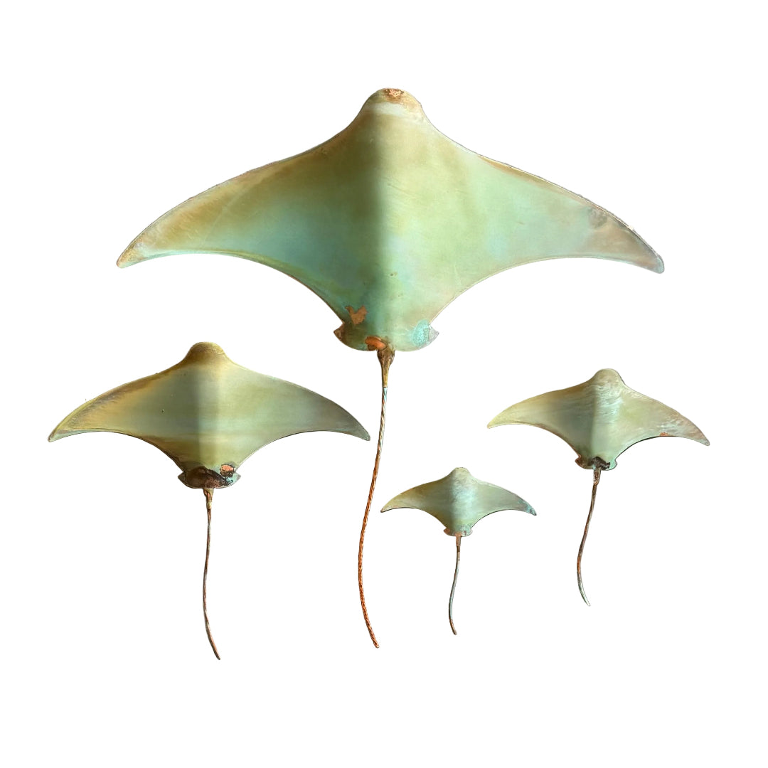 Four patina'd copper stingrays wall sculpture on a white background