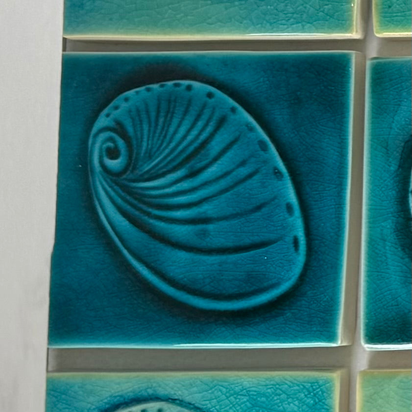 Teal ceramic tile with a decorative paua shell design on a white background