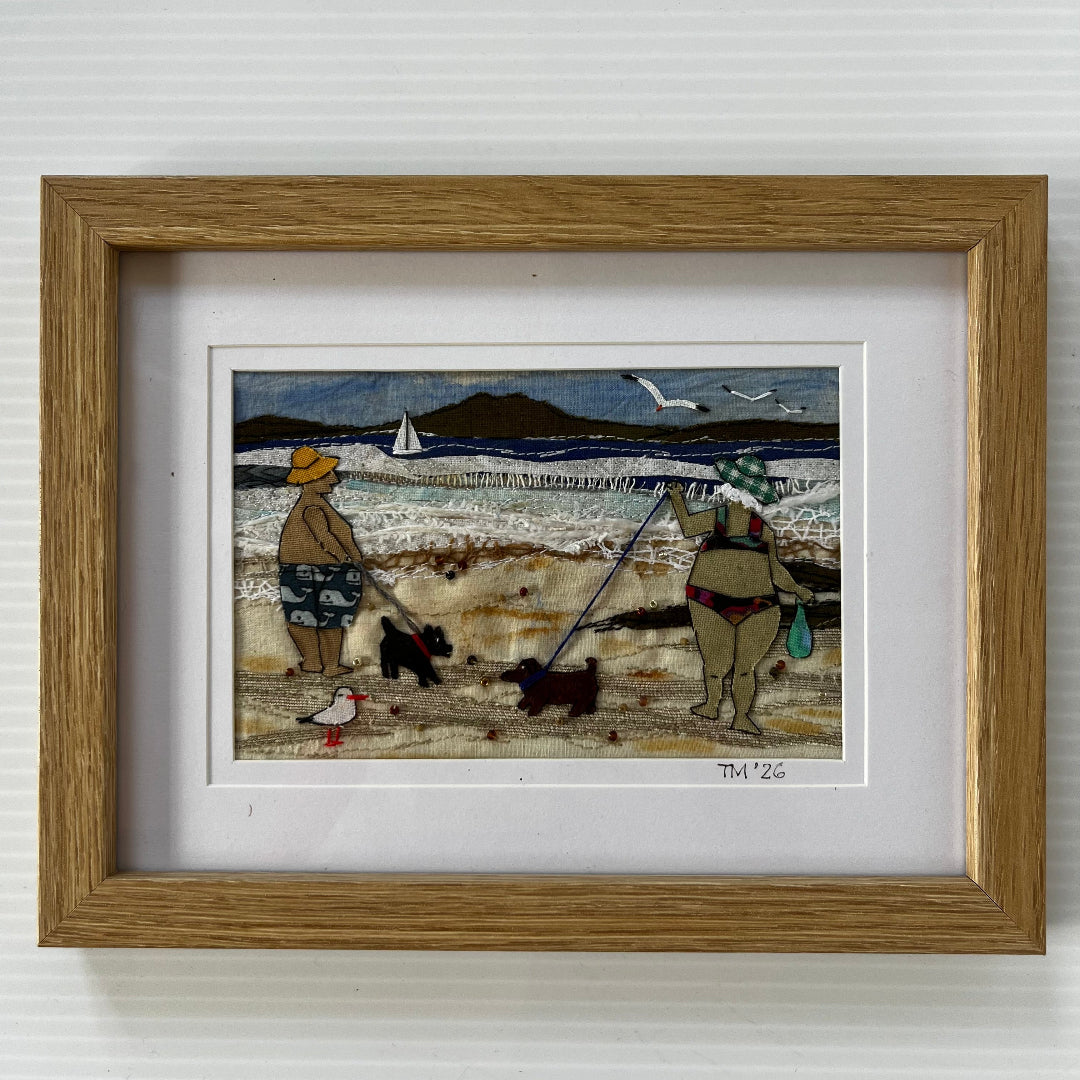 Little Wimsies Textile Art | Couple with 2 Dogs at Beach