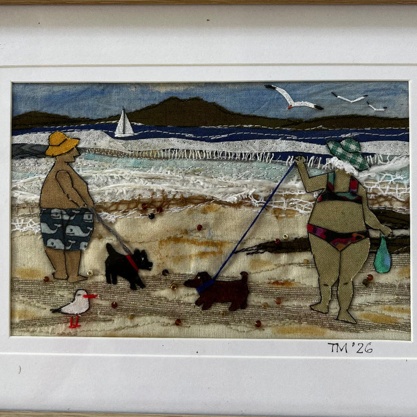 Little Wimsies Textile Art | Couple with 2 Dogs at Beach