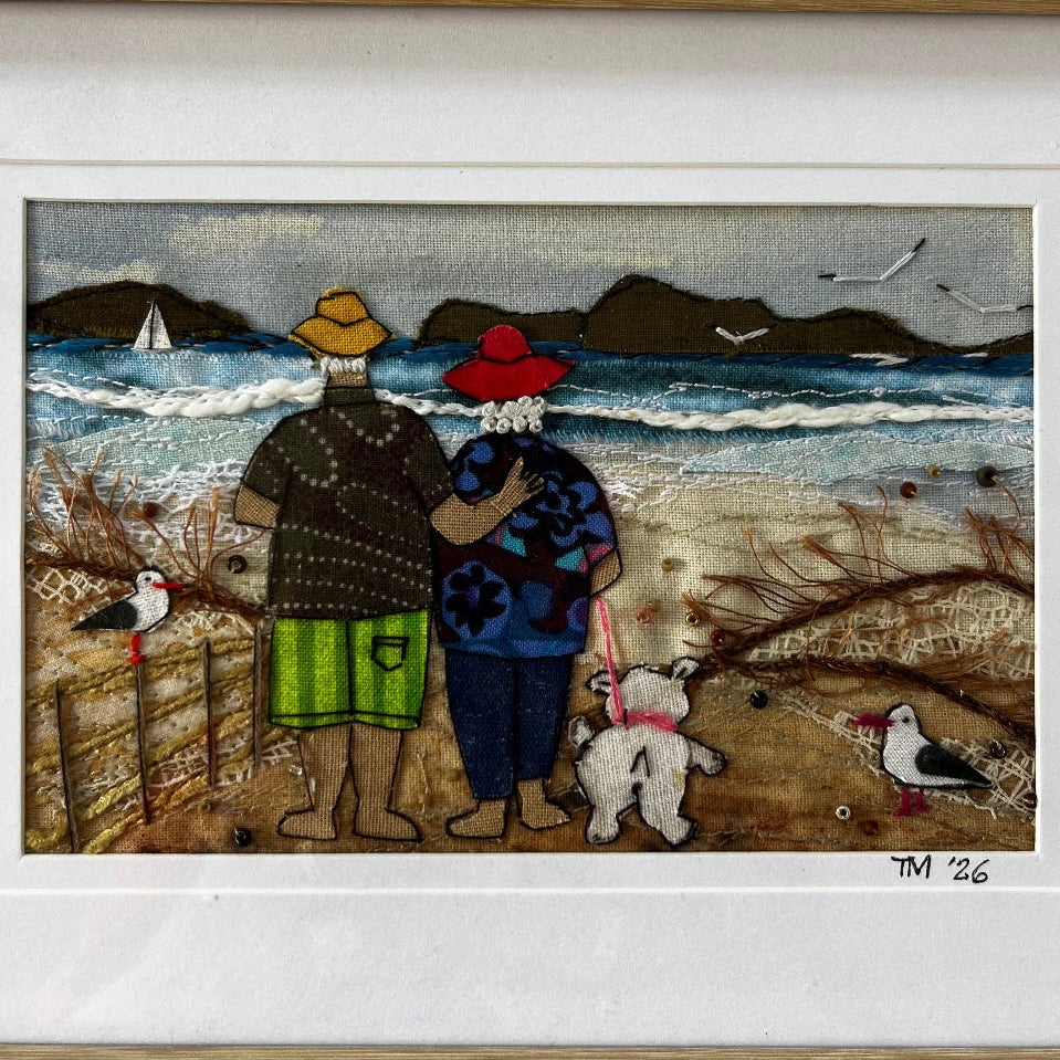 Little Wimsies Textile Art | Couple with Dog at Beach by Tilly Mcleod