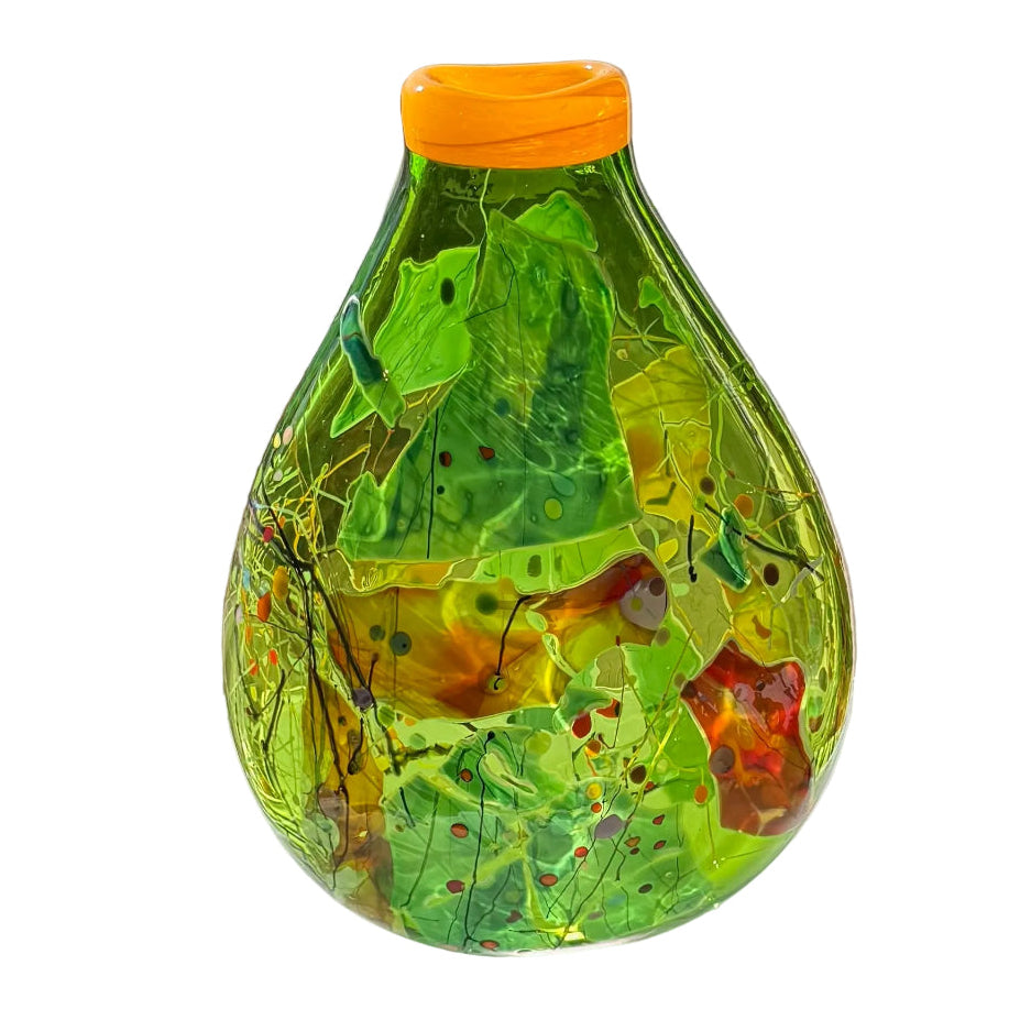 Decorative glass vase with a colorful design on a white surface
