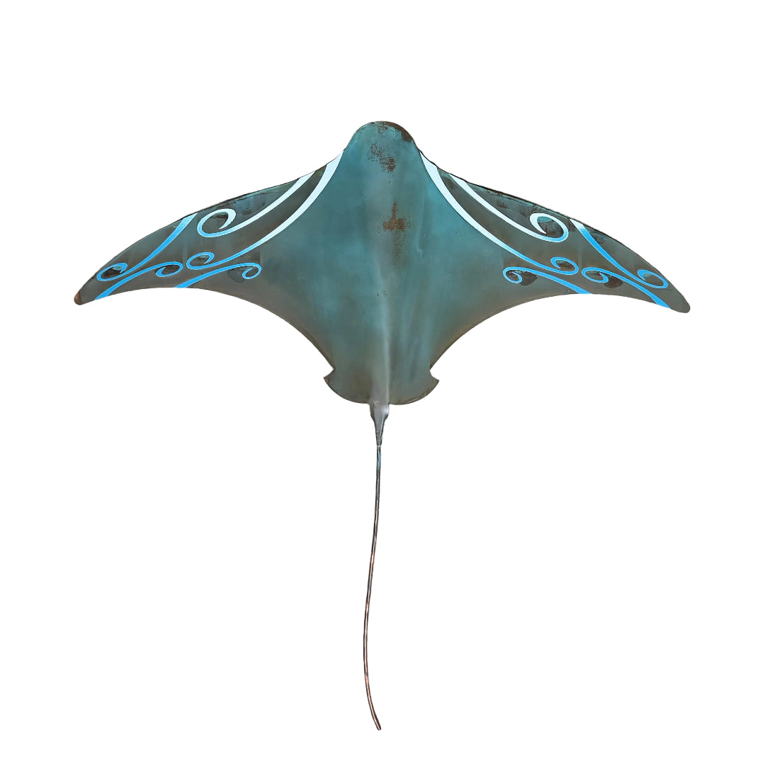 Copper patina'd & painted wall stingray sculpture on a white background