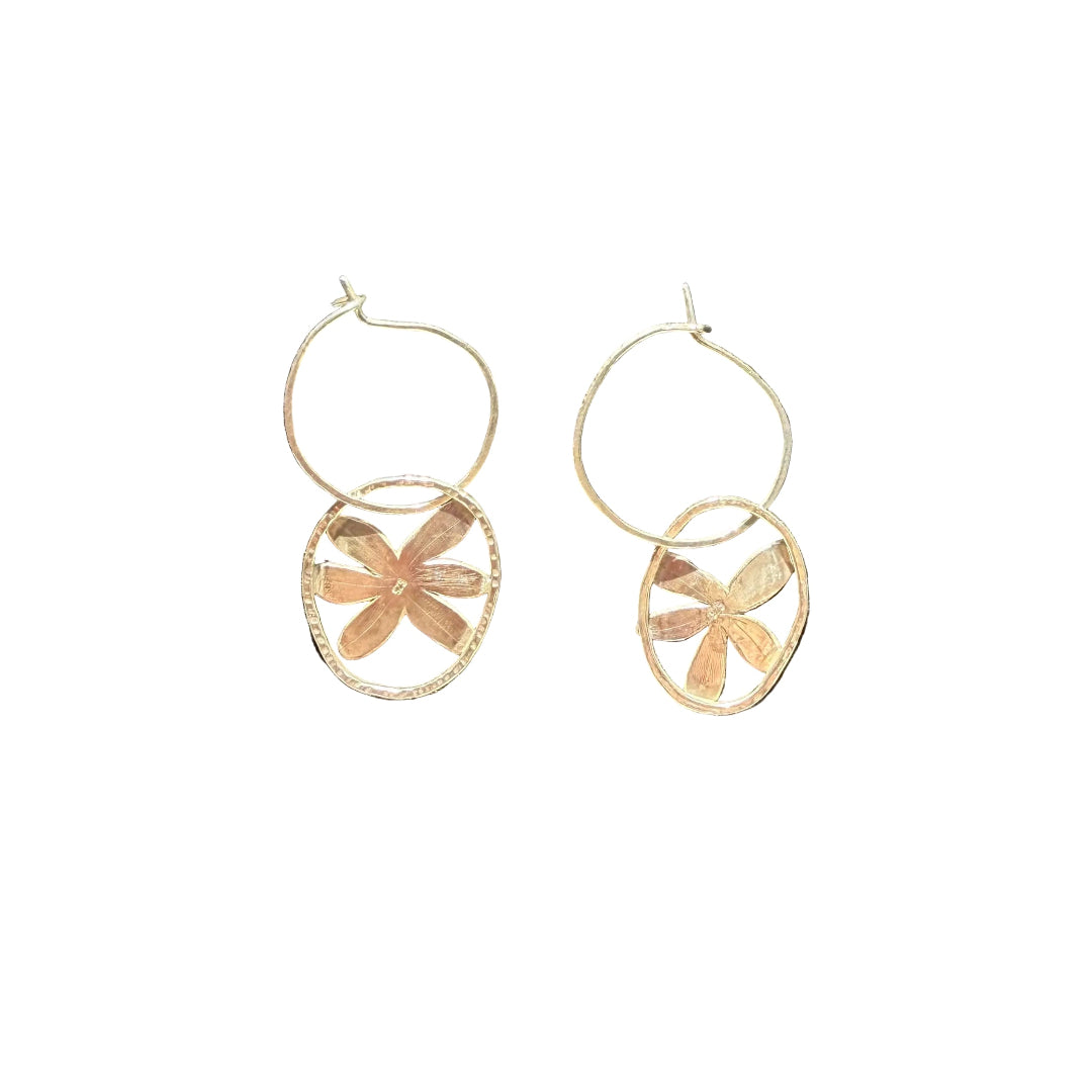 Back view of a pair of silver floral earrings on a white  surface