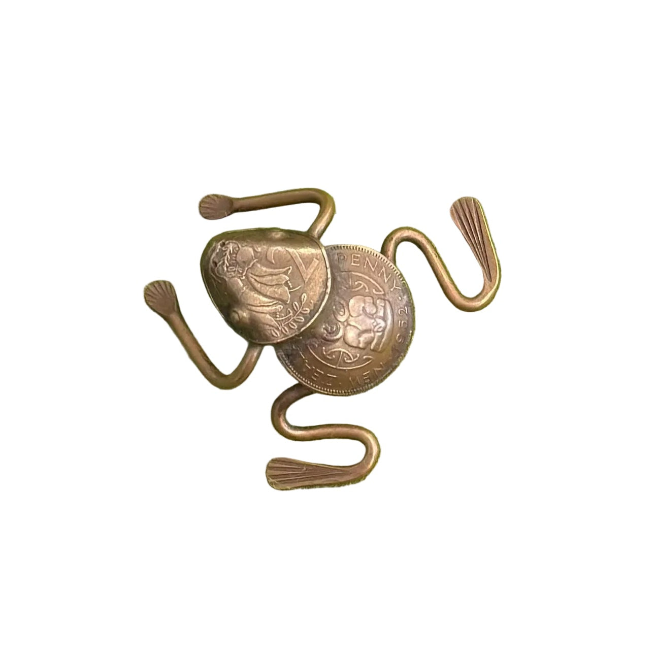 Copper coin frog sculpture on a white background
