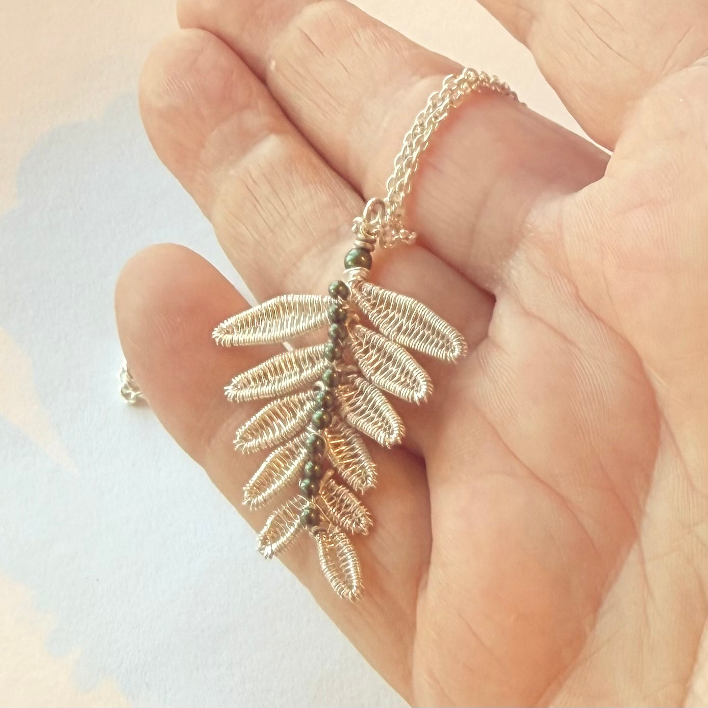 Fern Leaf Pendant Necklace With Swarovski Crystal Pearls