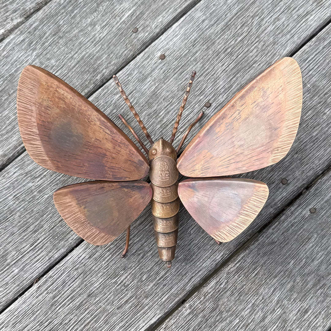 Copper Kawakawa Looper Moth sculpture on a wooden surface