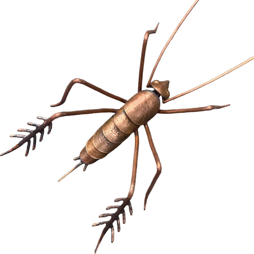 Copper Weta sculpture on a white surface