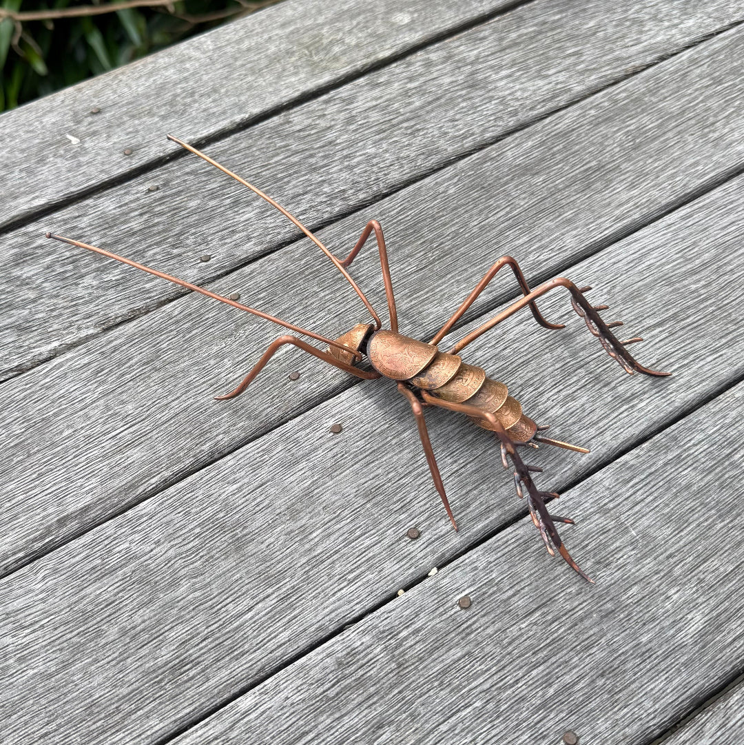 Copper Weta sculpture on a wooden surface