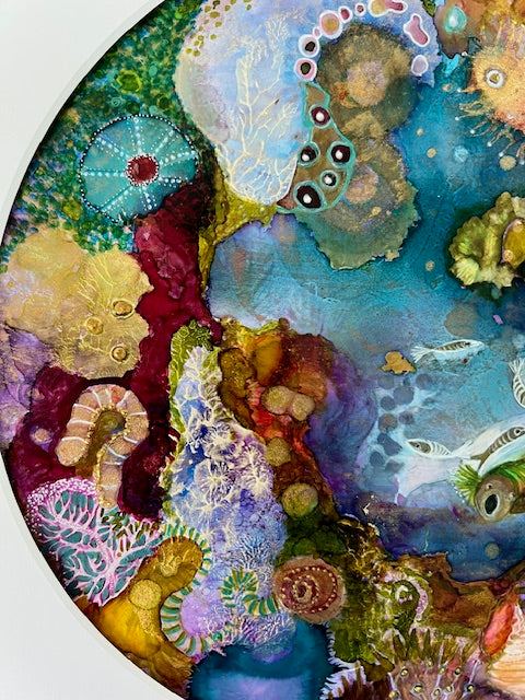 Colorful coral reef art with various textures and patterns