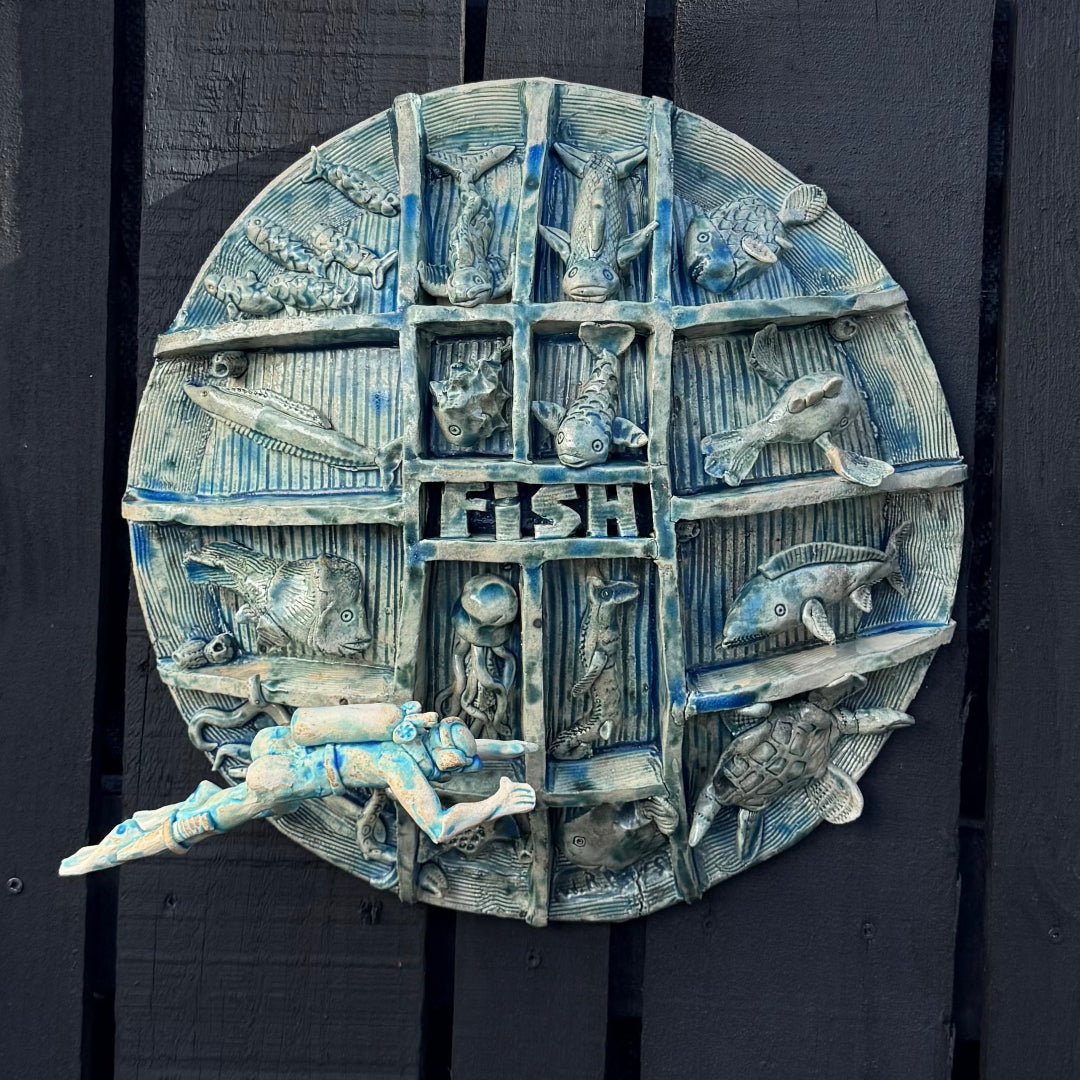 Fish Dome With Diver | Ceramic Sculpture by Bill Hayes