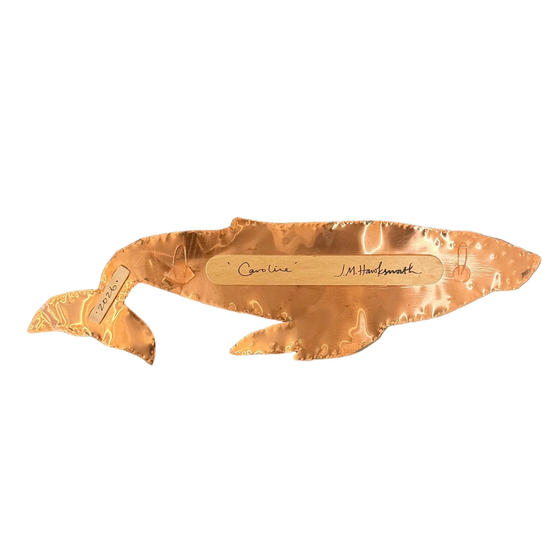 The back of a copper whale wall hanging with a central wooden inlay signed 'Caroline' and 'J.M. Hawksworth