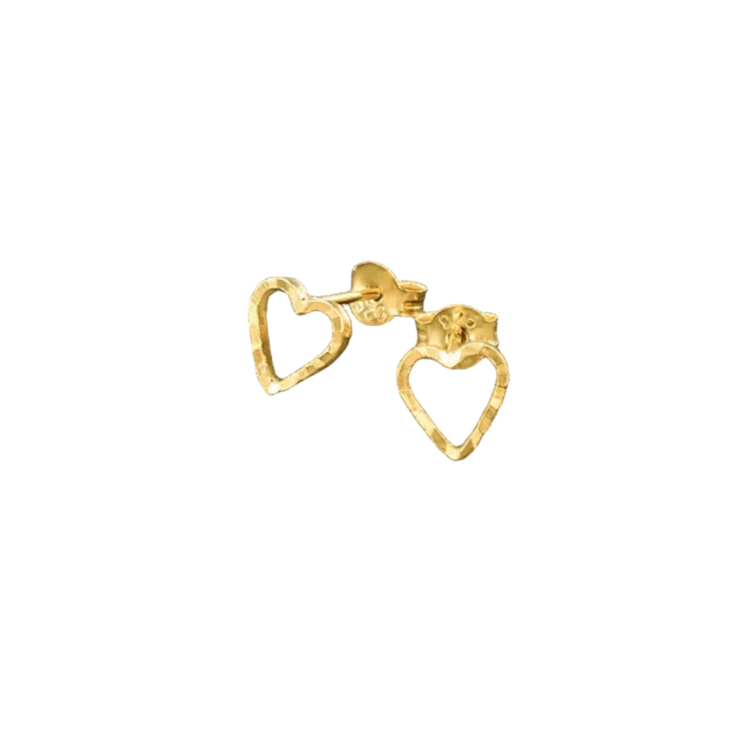 Gold heart-shaped stud earrings on a white background
