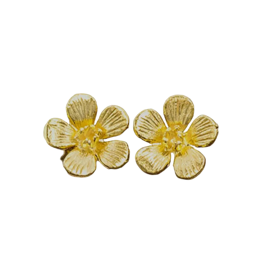 Pair of gold flower-shaped earrings on a white background