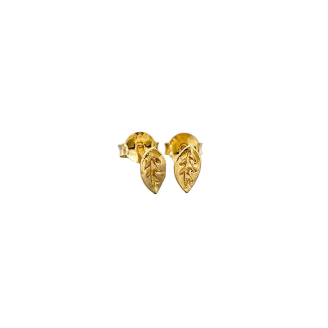 Pair of gold leaf shaped earrings on a white background