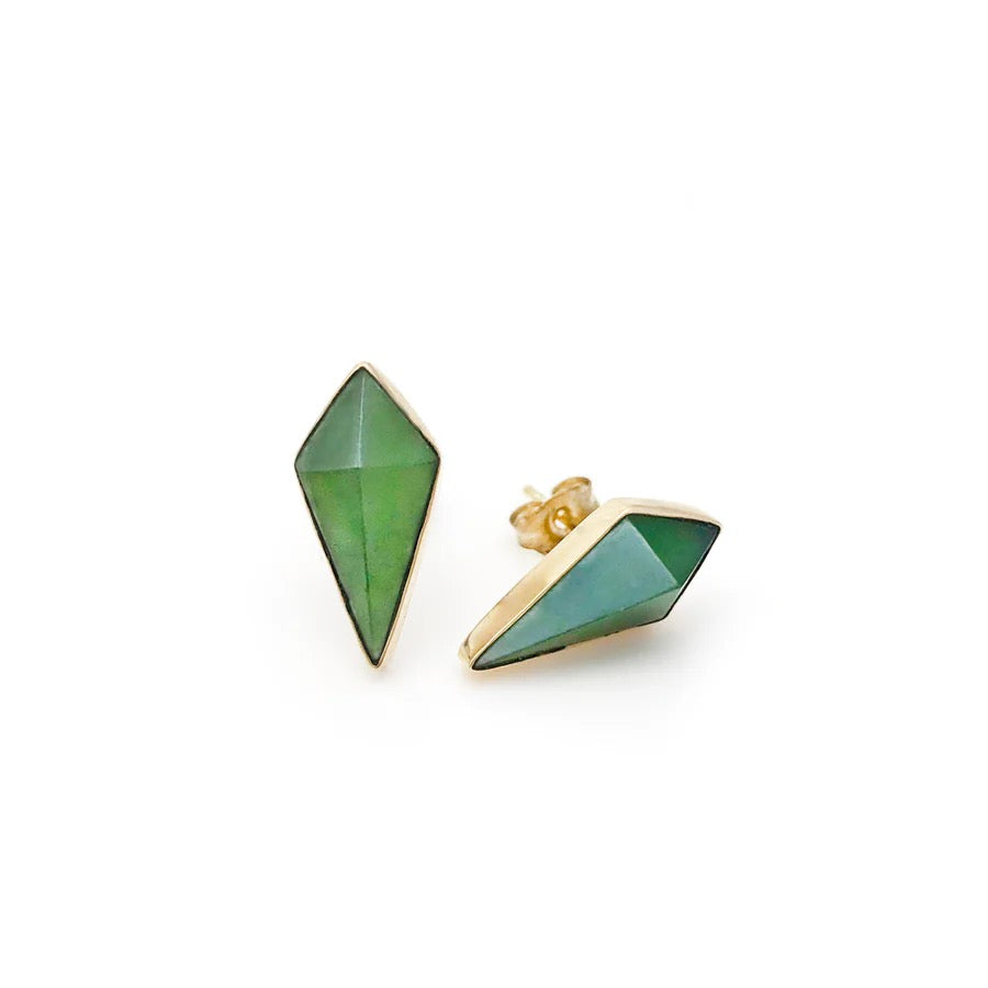 Green diamond-shaped pounamu earrings with gold accents on a white background