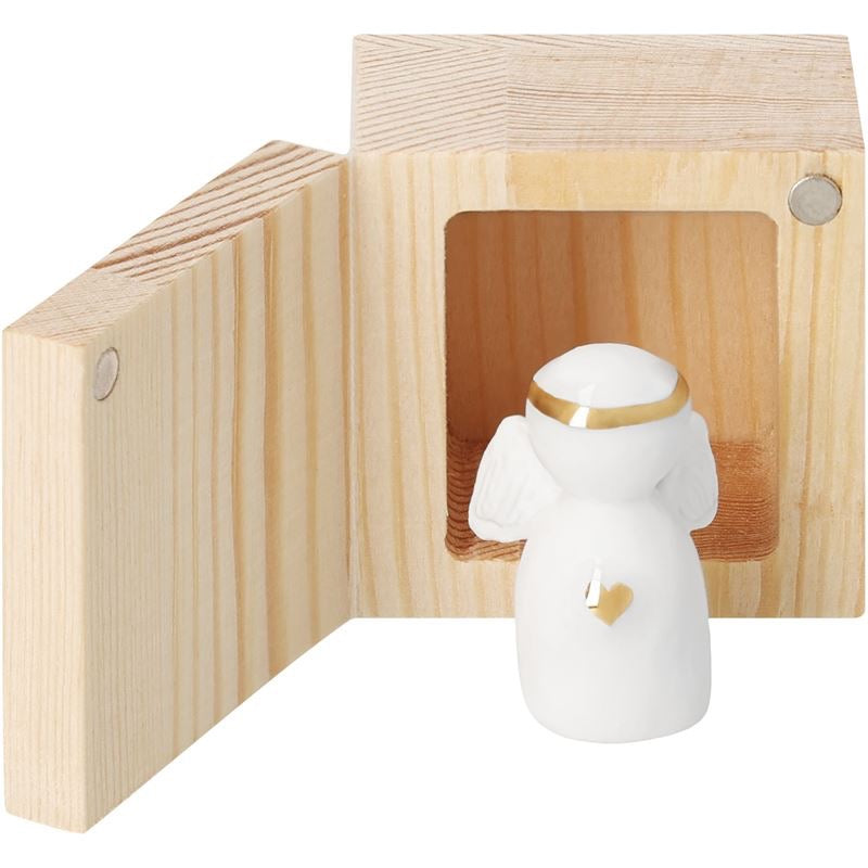 A small white angel figurine with gold accents displayed inside an open light wood box on a white background.