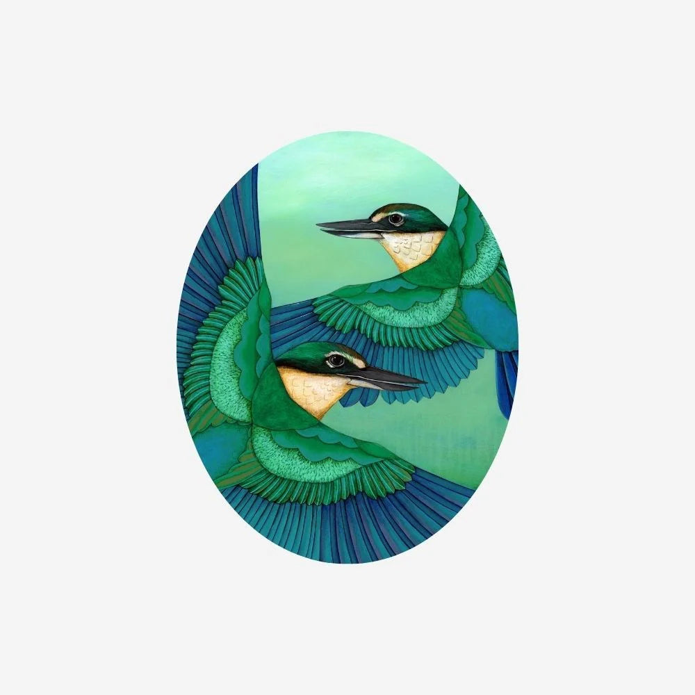 Oval-shaped artwork of two green kingfisher  birds on a light green background