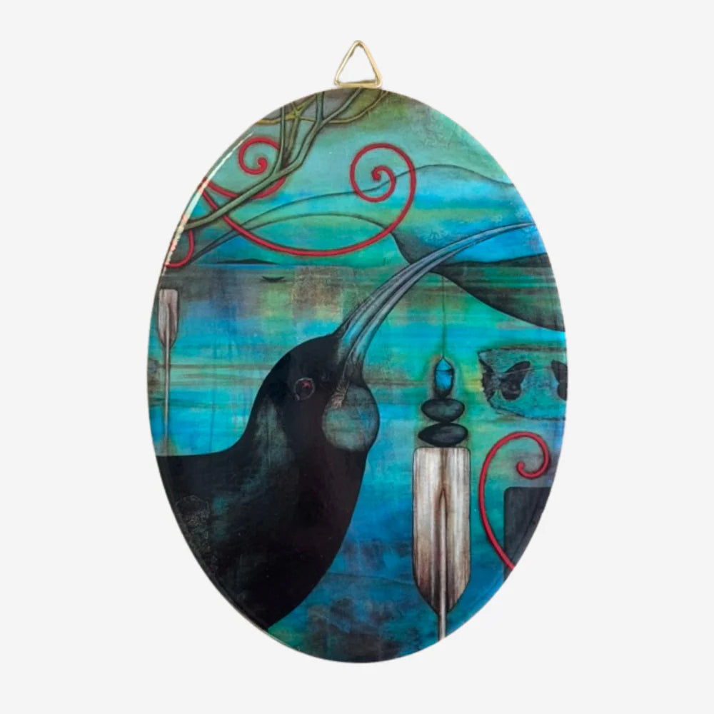 Decorative oval wall art with a Huia bird and abstract designs on a blue background.
