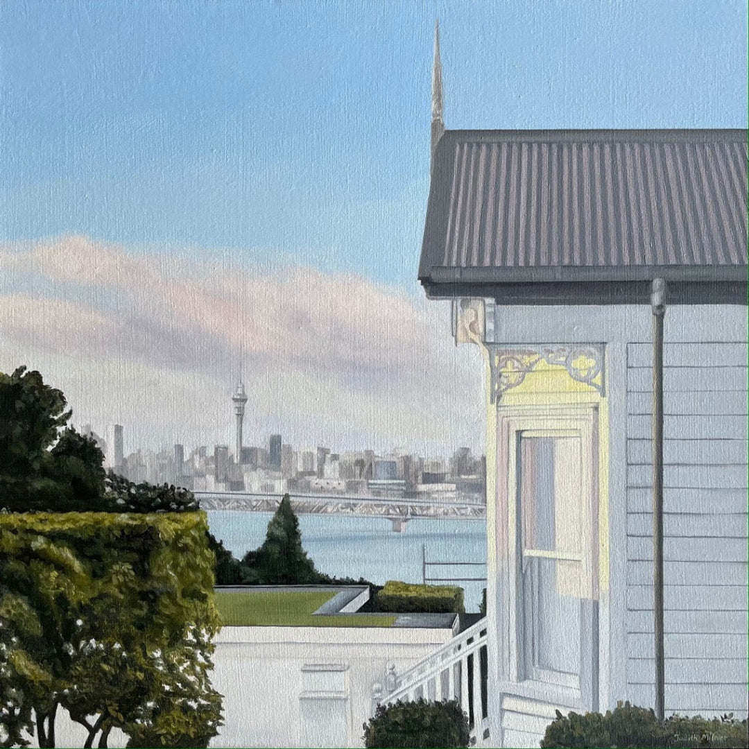 An acrylic painting of a coastal cityscape featuring a light blue house in the foreground, a body of water, and a skyline with the Sky Tower under a pale blue sky.