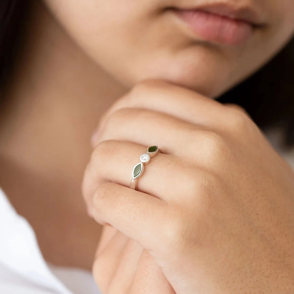 Pounamu and Cubic Zirconia Blossom Ring | Sterling Silver