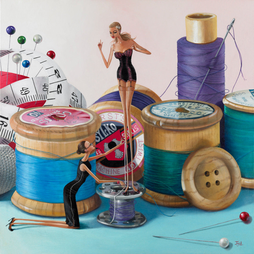 Illustration of spools of thread, buttons, and sewing accessories with a woman in a black dress.
