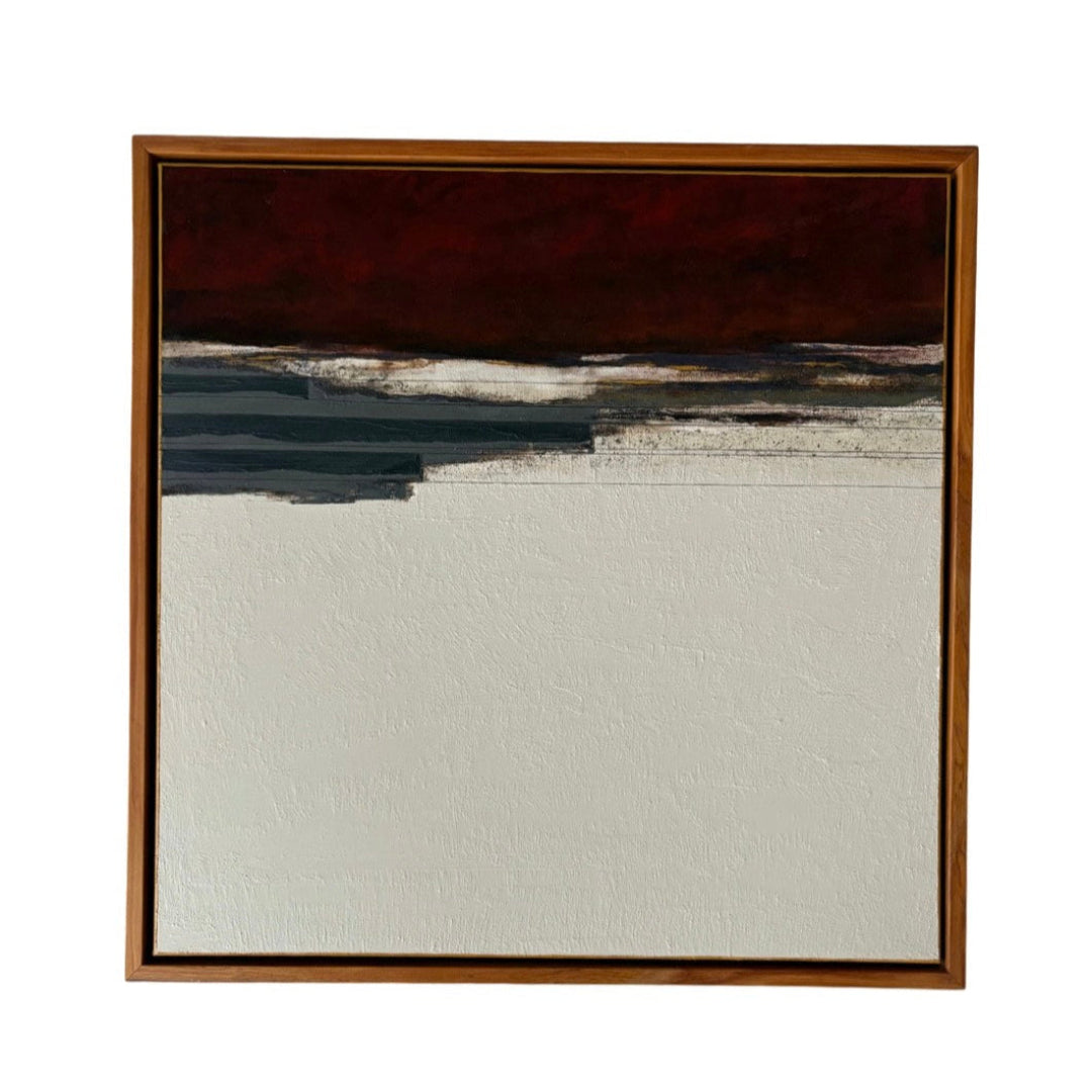 Abstract art piece with a wooden recycled Rimu frame on a white background