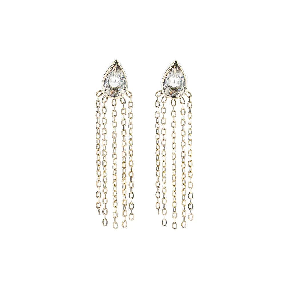 Pair of earrings with teardrop-shaped crystals and chain drops on a white background