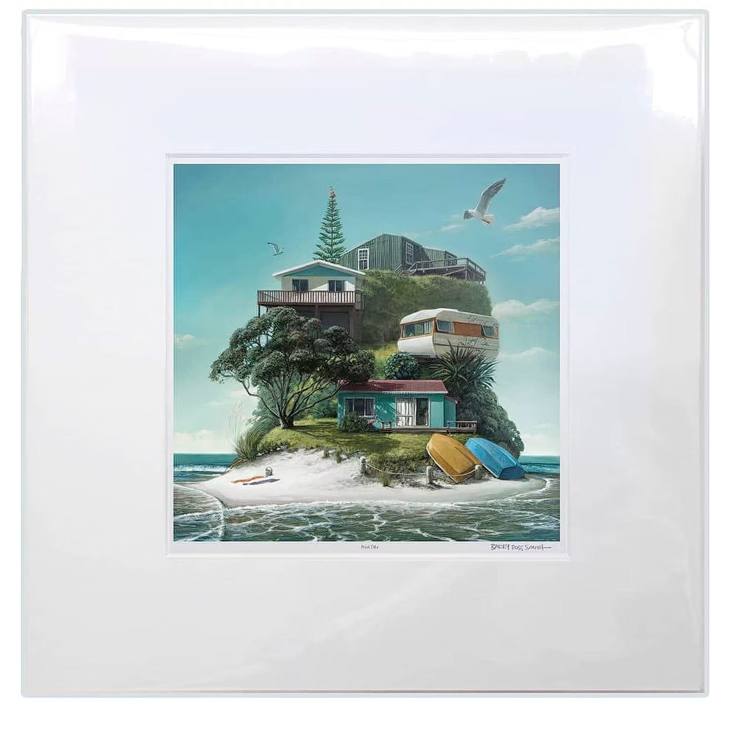 Framed artwork of a coastal scene with houses and boats on a white background