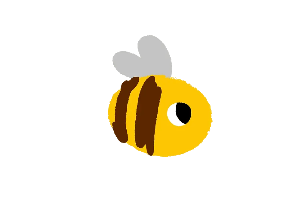 Cartoon bee with a yellow body, brown stripes, and gray wings on a white background