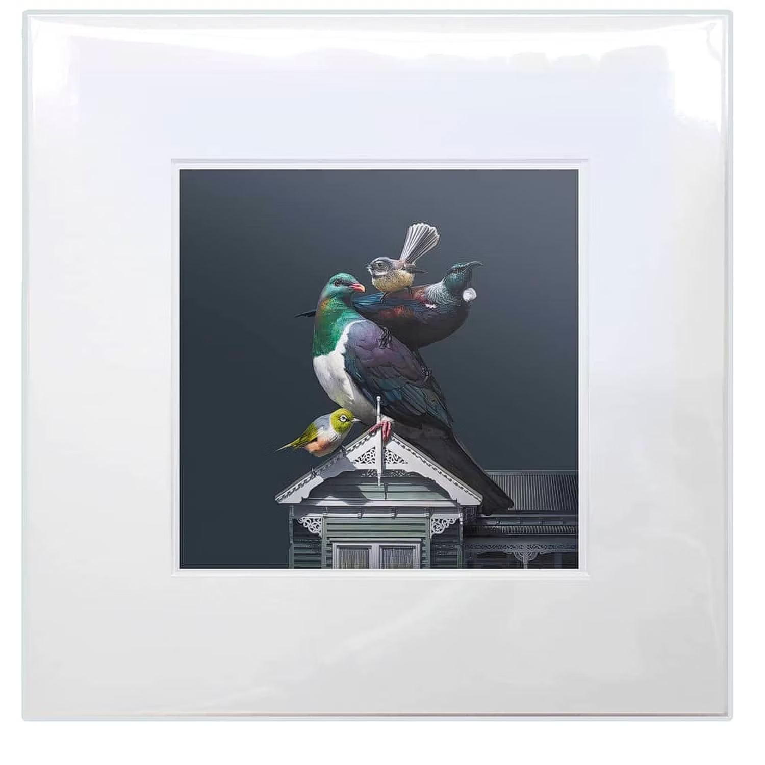 Matboard artwork of birds perched on a building with a dark background