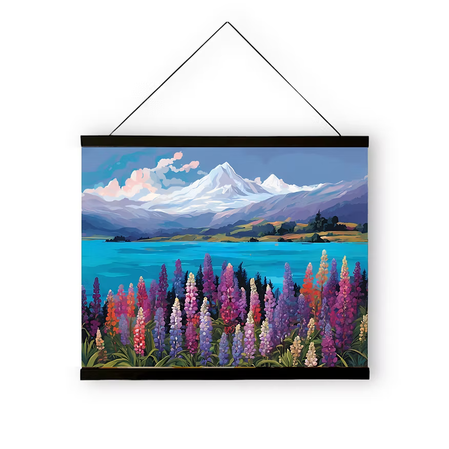 Framed artwork of a mountain landscape with colorful flowers in the foreground.