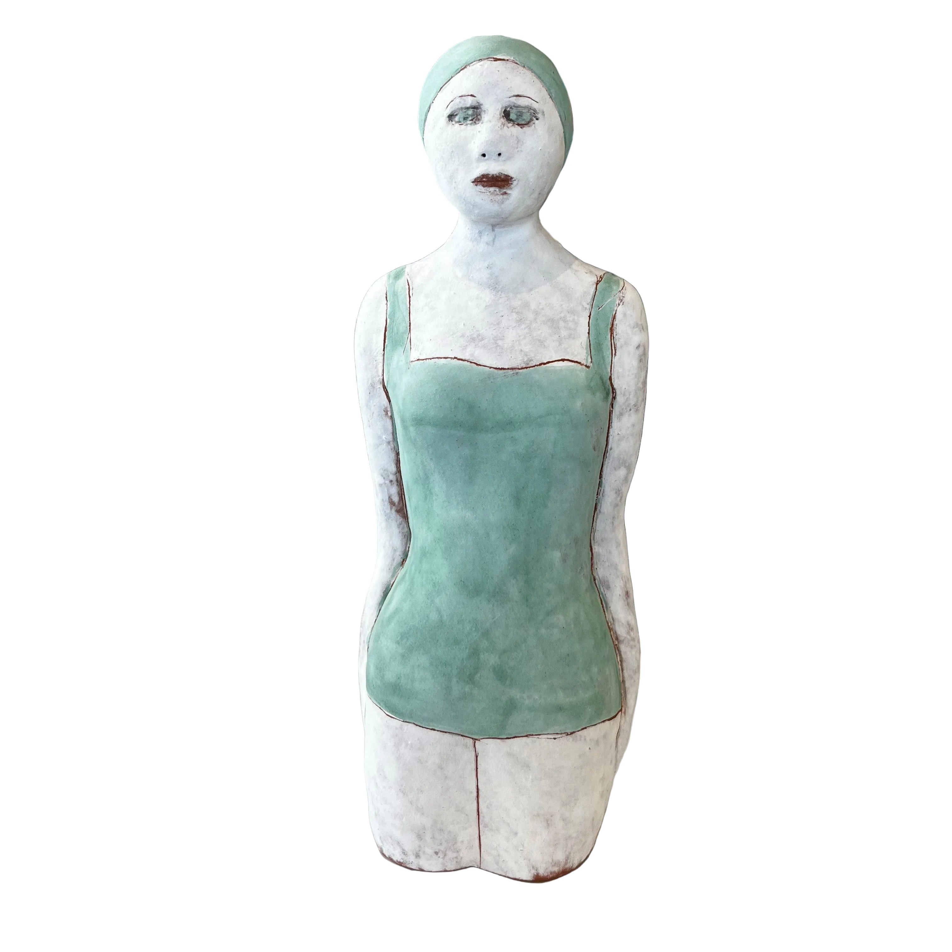 Female Swimmer In Pale Green Swimsuit and Cap