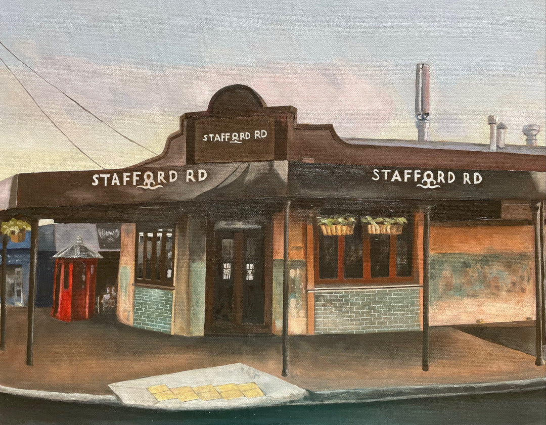 Artistic depiction of a building with 'Stafford Rd' signage on a clear sky background