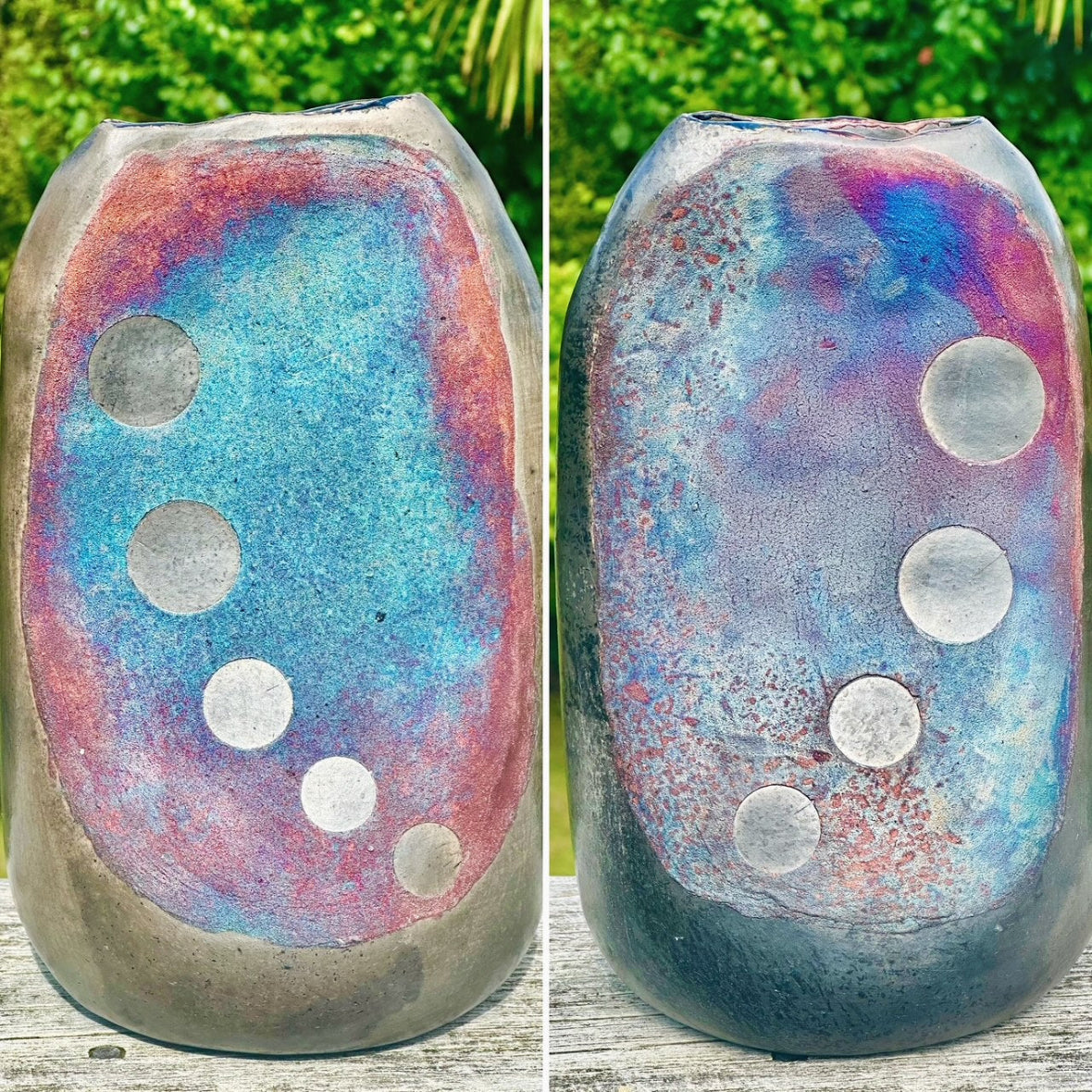 Two views front & back of a textured raku fired vessel with colorful patterns and circular designs.