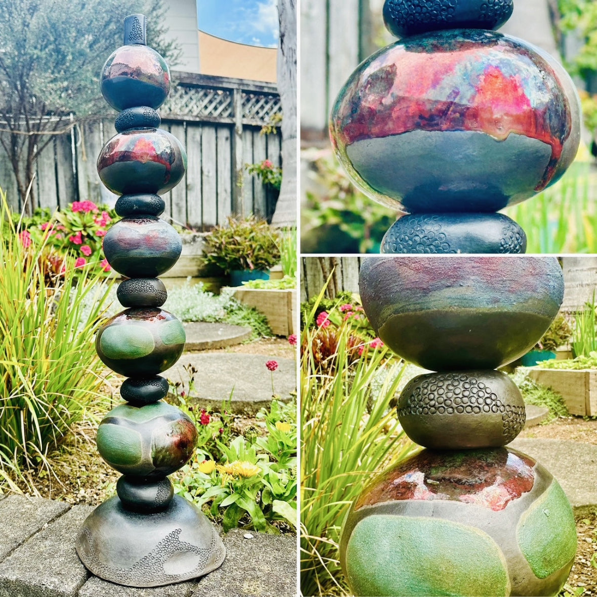 Decorative sculpture with multicolored spherical elements in a garden setting.