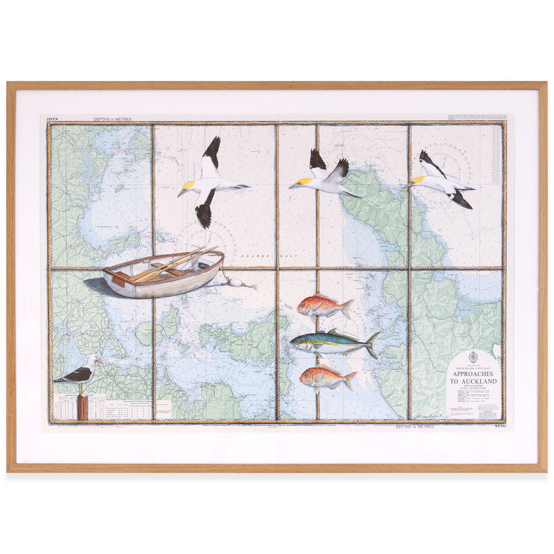Framed artwork with illustrations of birds, a boat, and fish on a map background.